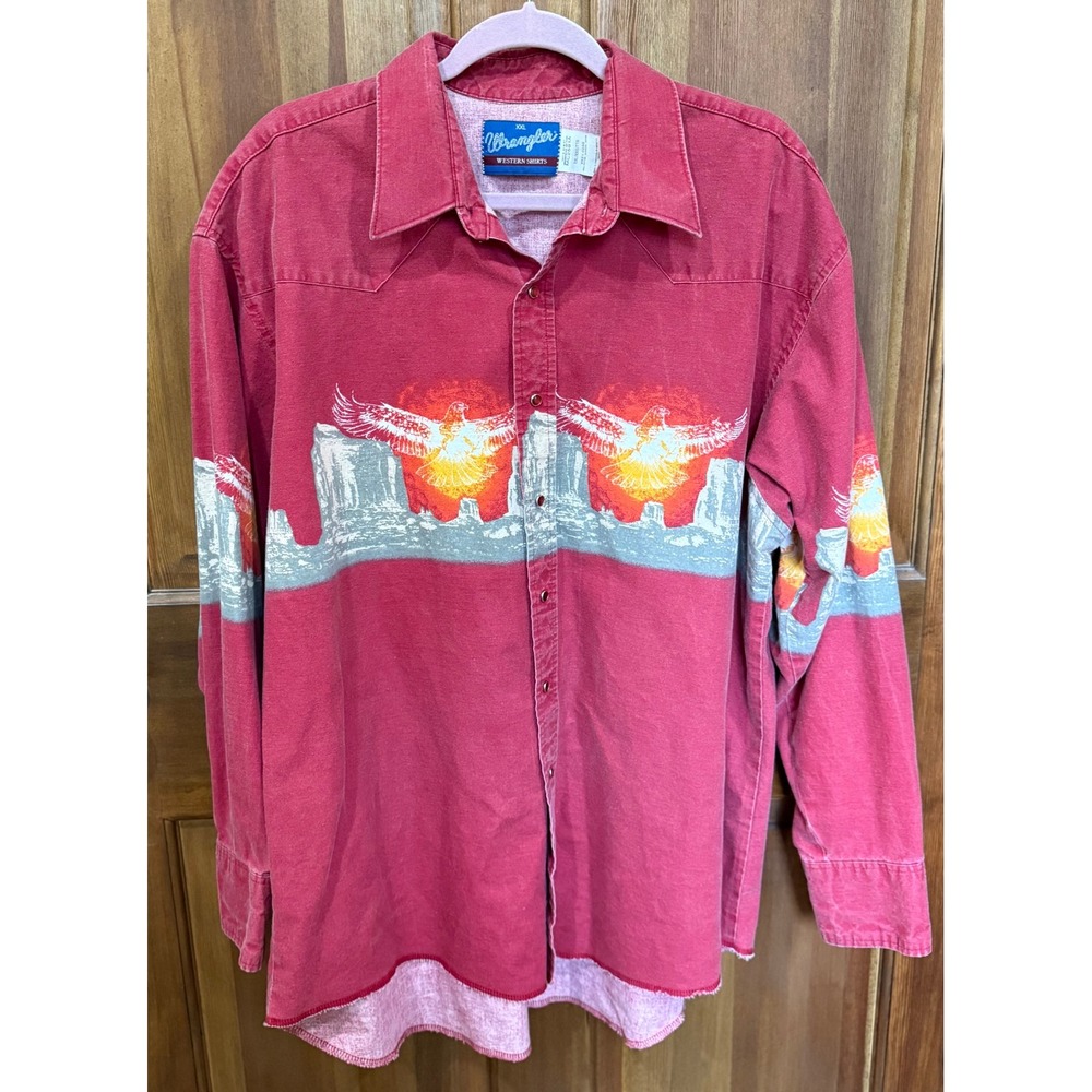 Vintage Wrangler Western Shirts Mens XXL Red Eagle Graphic Long Sleeve Snap Frnt